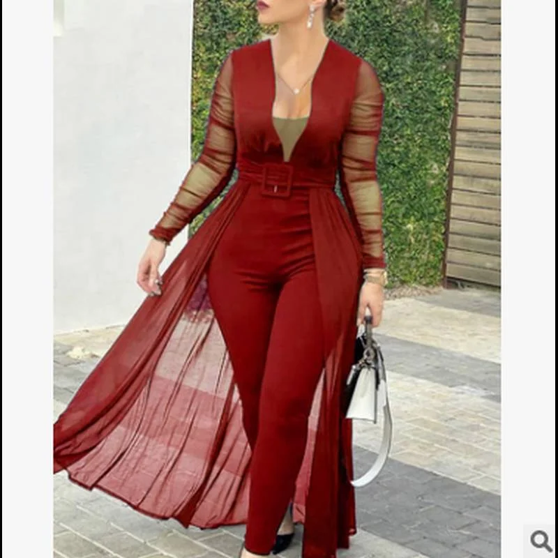 Jumpsuit Women Long Sleeve Elegant Women Jumpsuit Deep V Neck Off Shoulder Mesh Jumpsuit Long Sleeve Lace Slim Stitching Suit