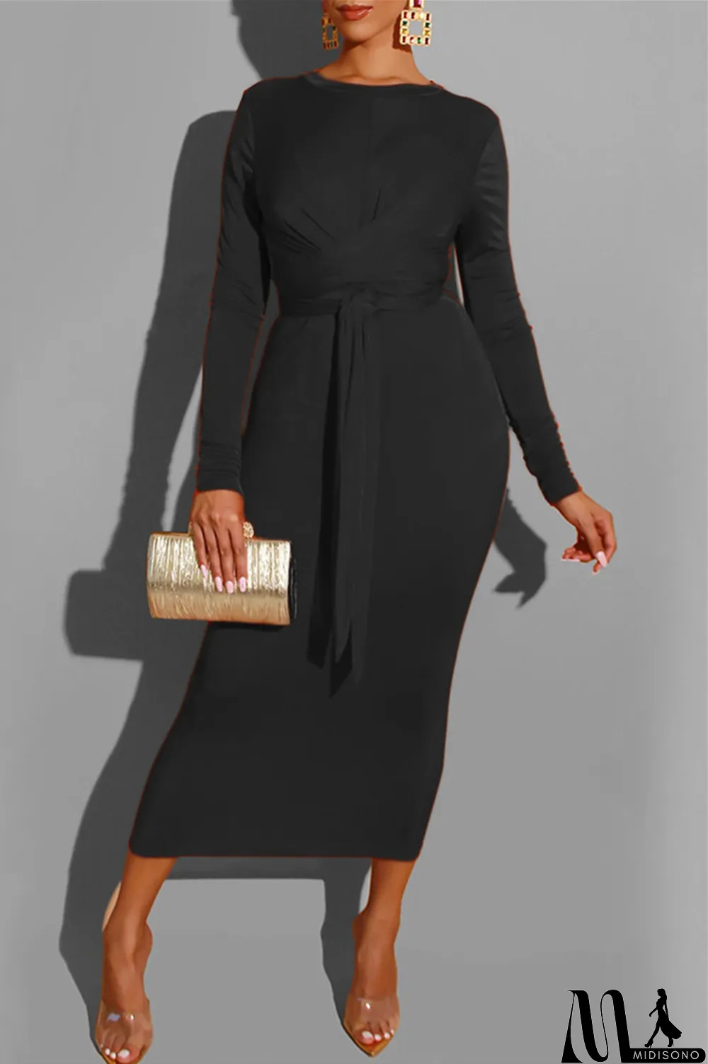 MidiSono - Deep Blue Fashion Casual Bandage O Neck Long Sleeve Dresses