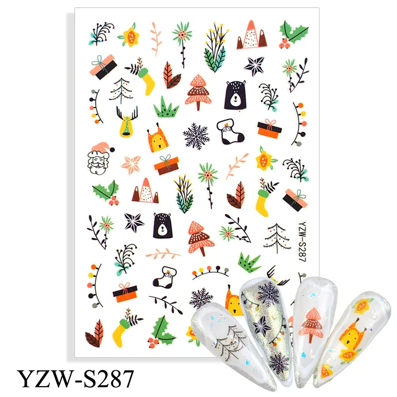 Churchf 1pcs Autumn Winter Nail Sticker Robin Snow Flower New Year Halloween Christmas 3D Decals Nail Art Design Decor Accessories-Nail Inspo