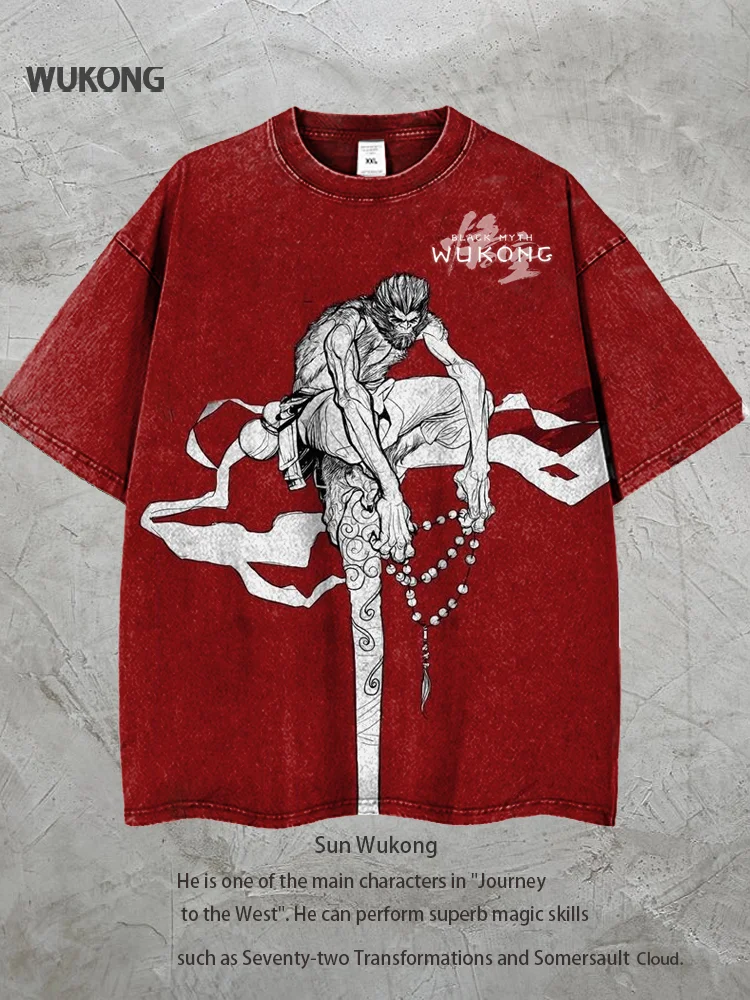 Unisex Vintage Washed Wukong Mythology Printed Short Sleeve T-Shirt