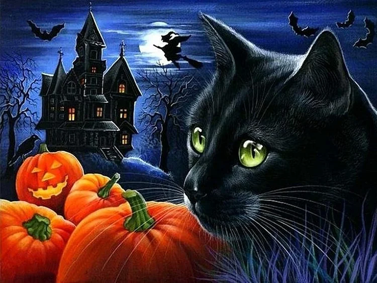 Halloween Black Cat Pumpkin 40*30CM(Canvas) Full Round Drill Diamond Painting gbfke