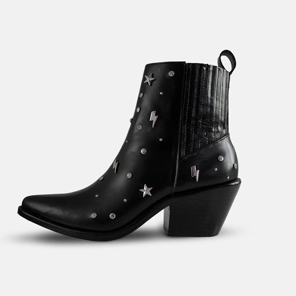 Studded Block Heel Snip Toe Black Western Ankle Boots for Women