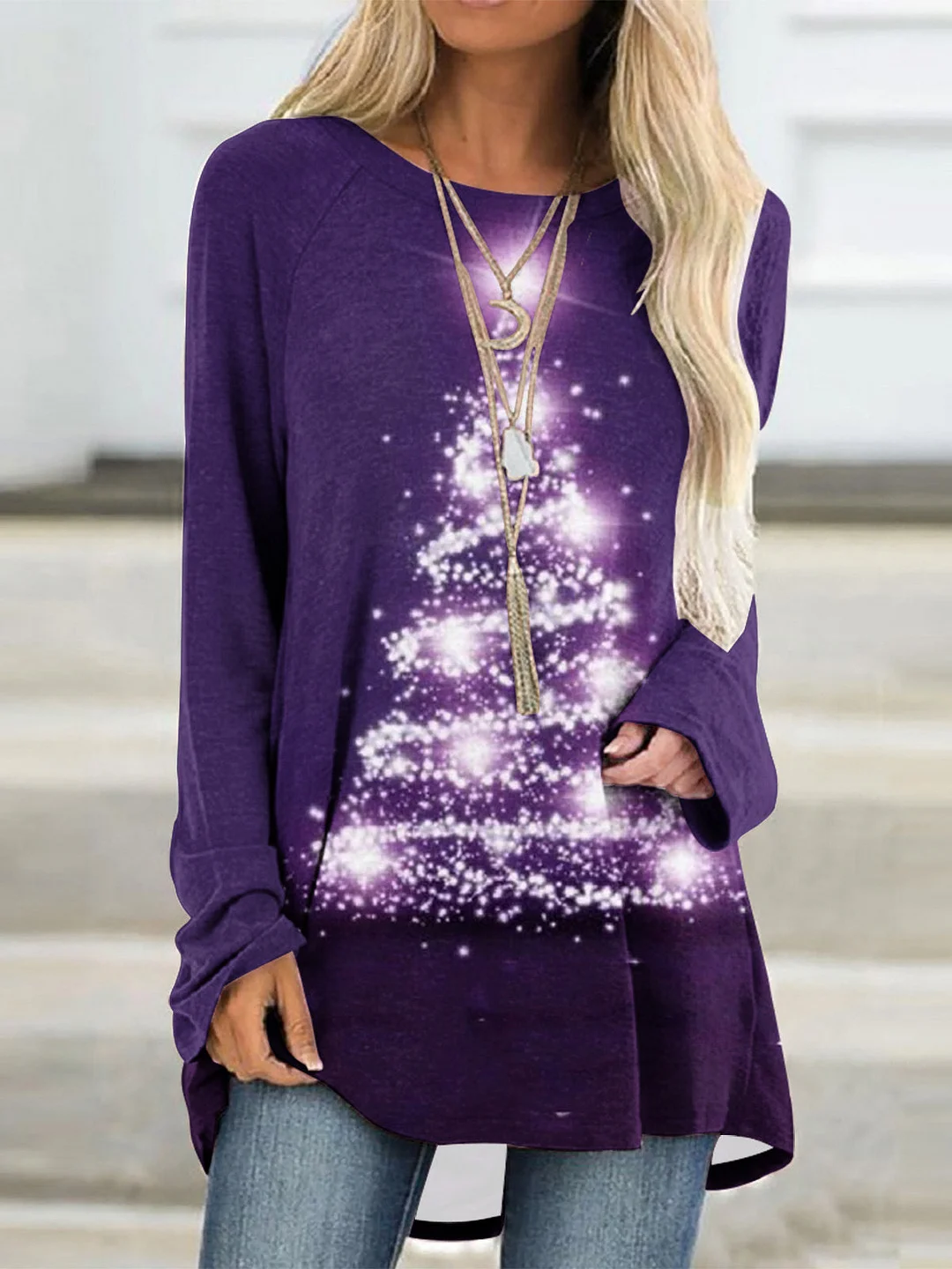 Women's Christmas Graphic Solid Color Scoop Neck Long Sleeve Top