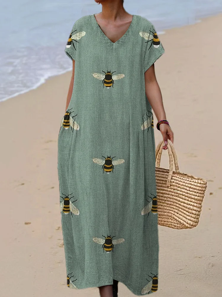 Women's Funny Bee  Art Print Linen And Cotton V-neck Dress