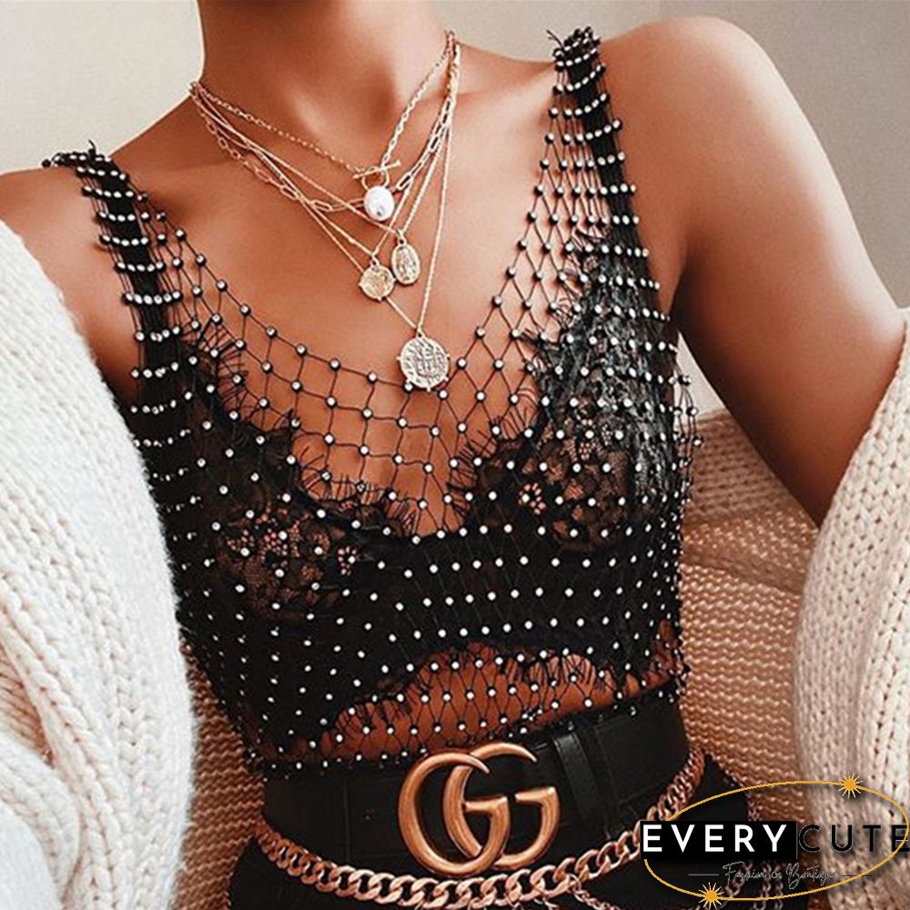 Black Rhinestone Mesh Hollow-out V Neck Crop Top