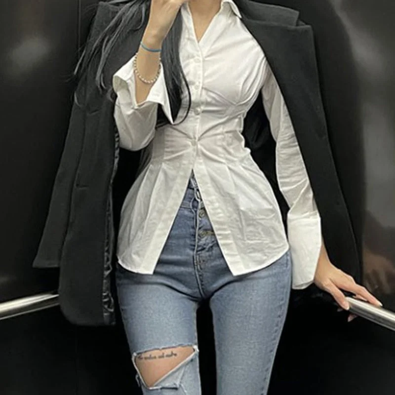 Rapcopter Y2K Button Crop Top Ruched Full Sleeve T Shirt Turn Down Collar Retro Elegant Cardigans Women Corset Tee Korean New