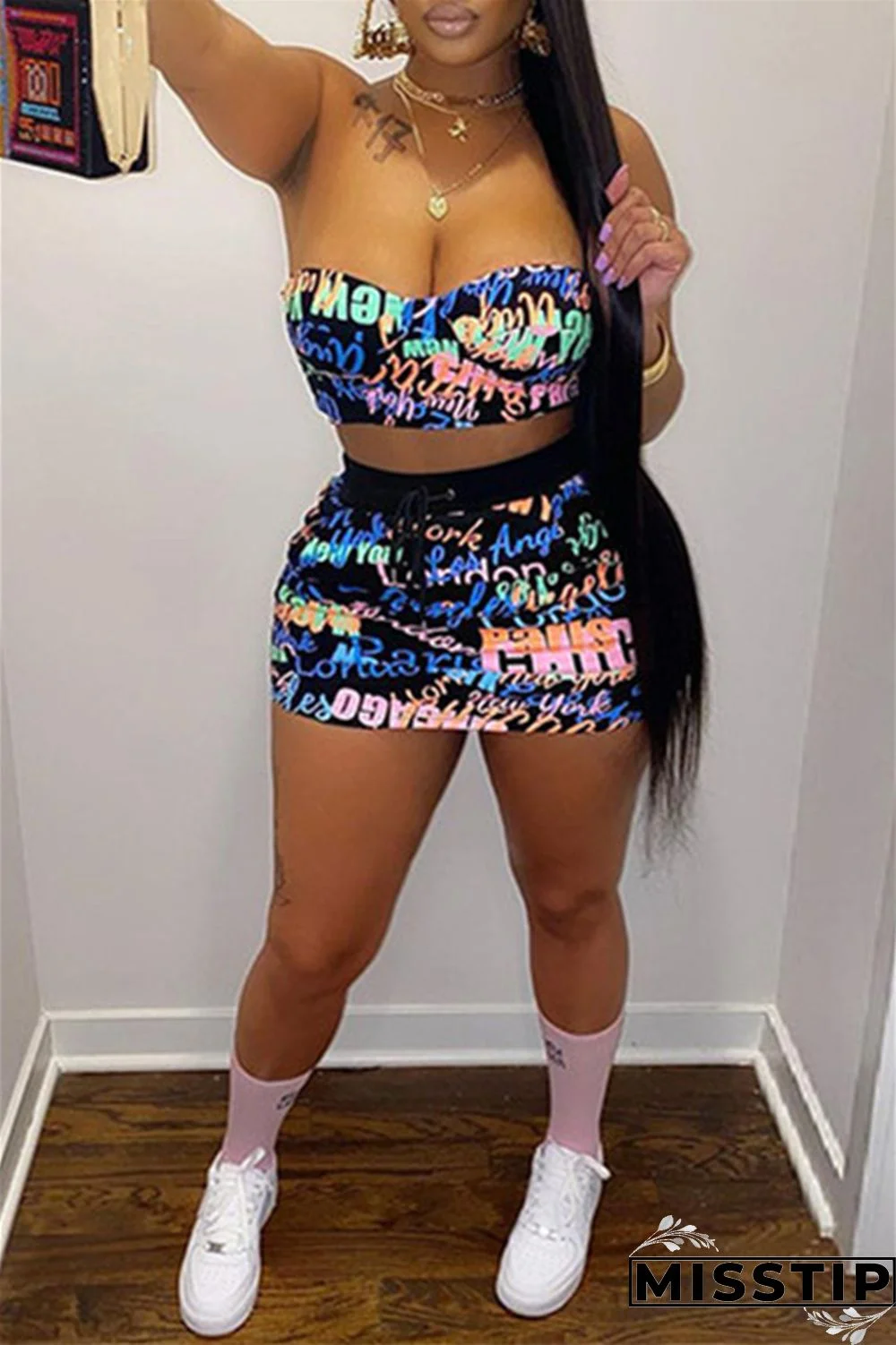 Peacock Blue Fashion Sexy Print Backless Strapless Sleeveless Two Pieces