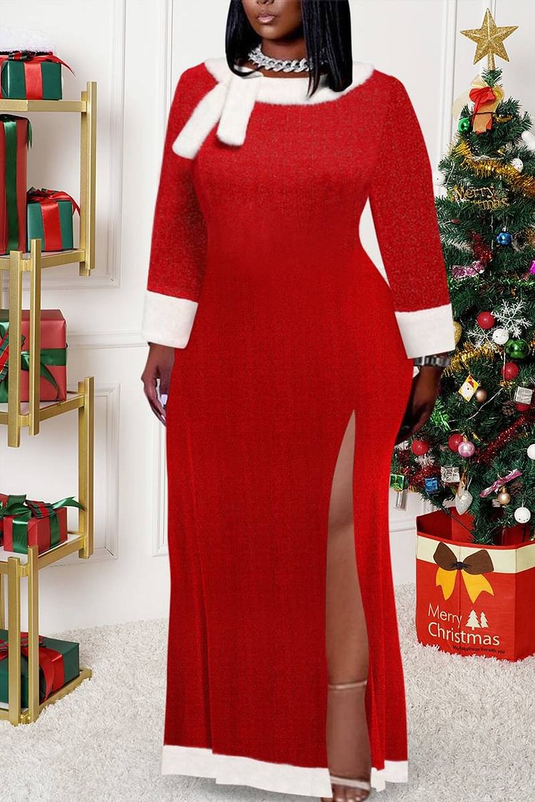 Xpluswear Plus Size Red Plush Belt Design High Slit Long Sleeve Maxi Dress