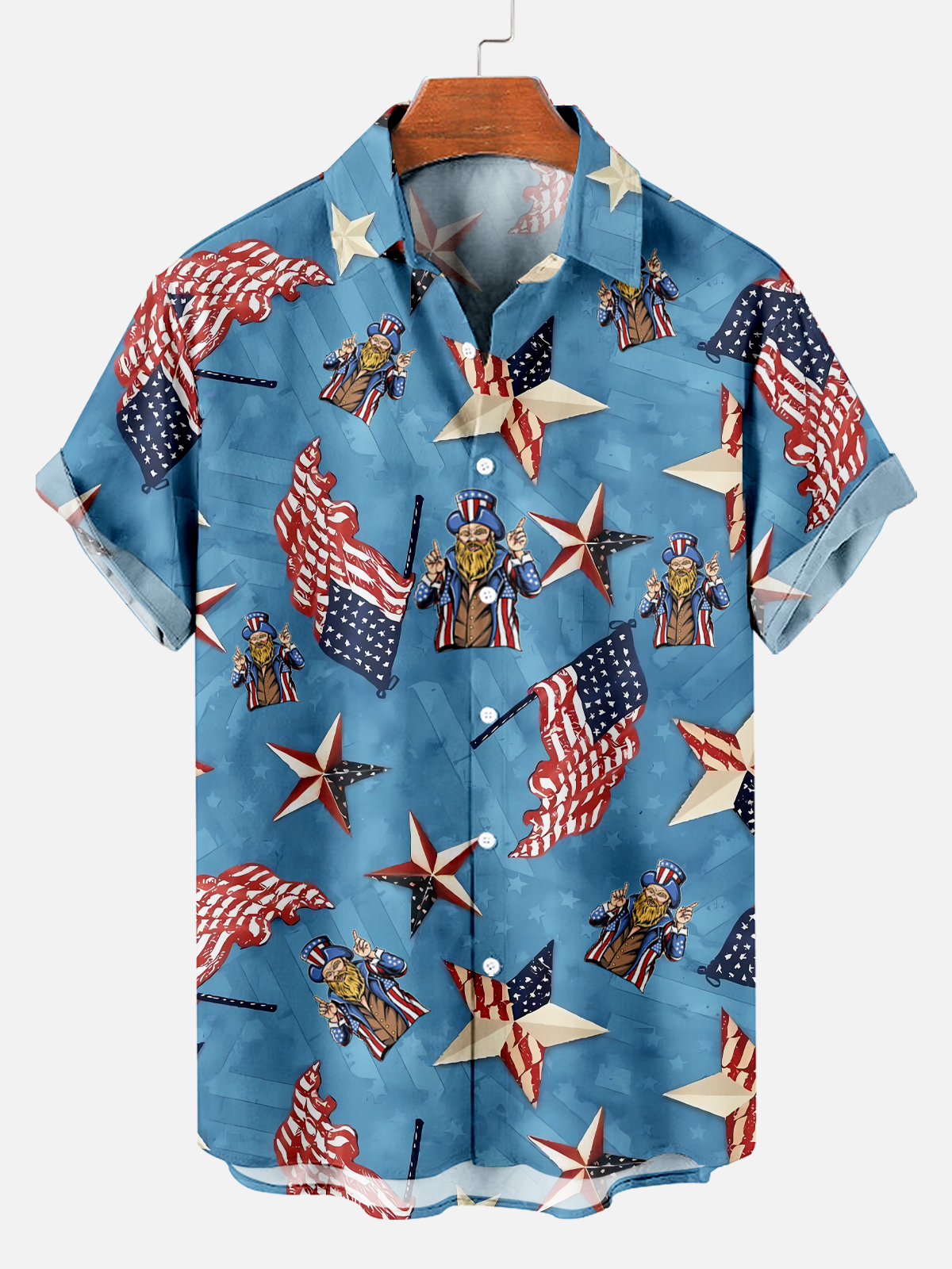 Men's Independence Day American Flag Fun Print Short Sleeve Shirt PLUSCLOTHESMAN