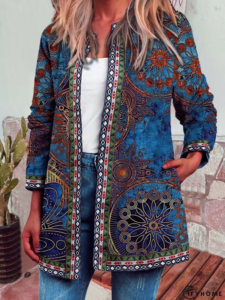 Black Cotton-Blend Long Sleeve Printed Round Neck Knit coat | IFYHOME