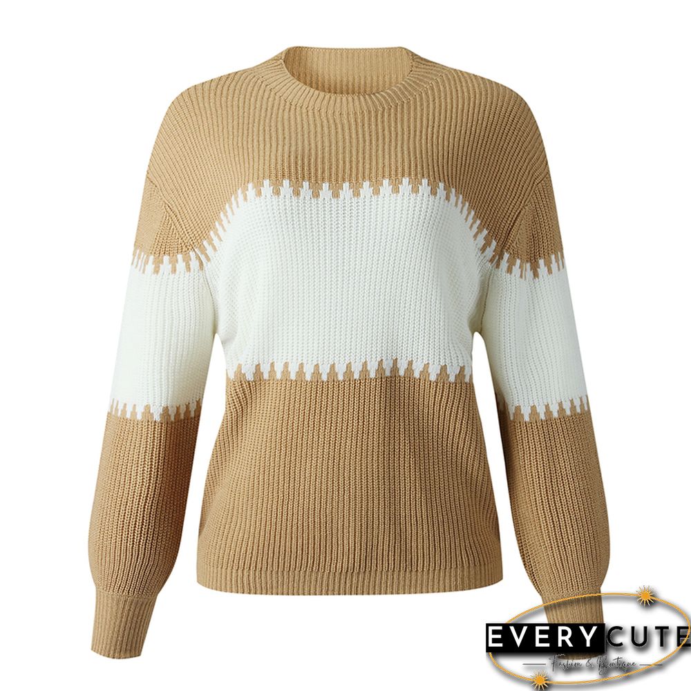 Khaki Color Block High Neck Woolen Sweater