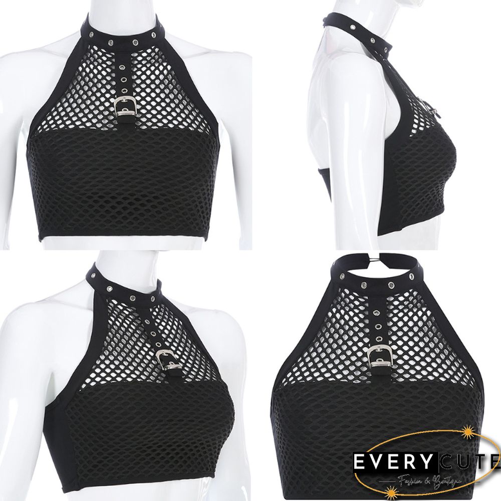 Women Teens Girls Juniors Halter Crop Top Gothic Punk Choker Metal Buckle Camisole Fishnet Mesh Black Vest Clubwear