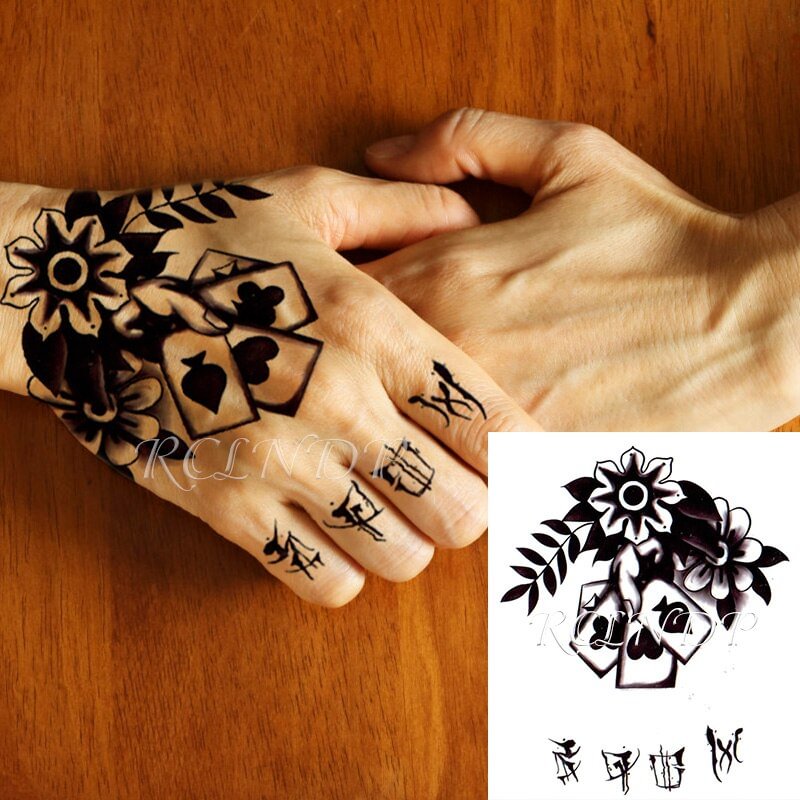 Gingf Waterproof Temporary Tattoo Sticker Flowers Playing Cards Fake Tatto Flash Tatoo Hand Size Art Tattoos for Boy Women Men