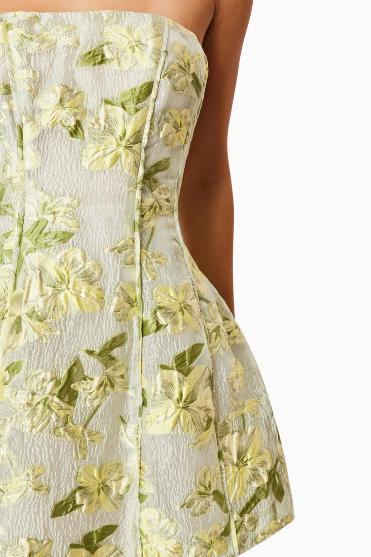 darner strapless mini dress in green floral Green Strapless Faille Mini Dress With 3D Flower