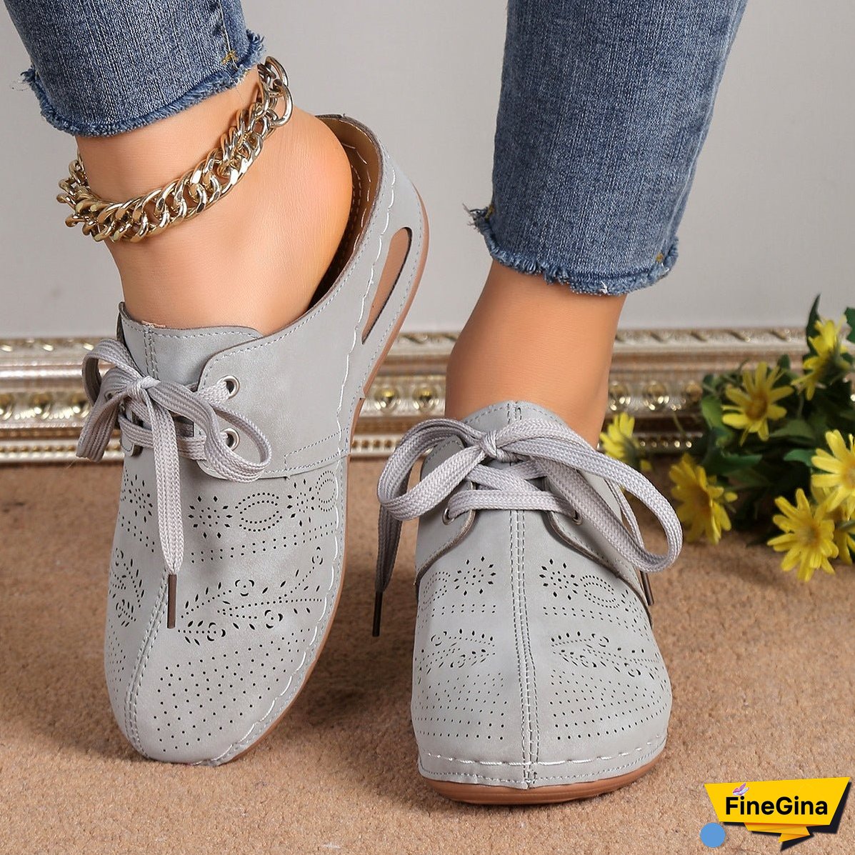 Lace-Up Round Toe Wedge Sandals