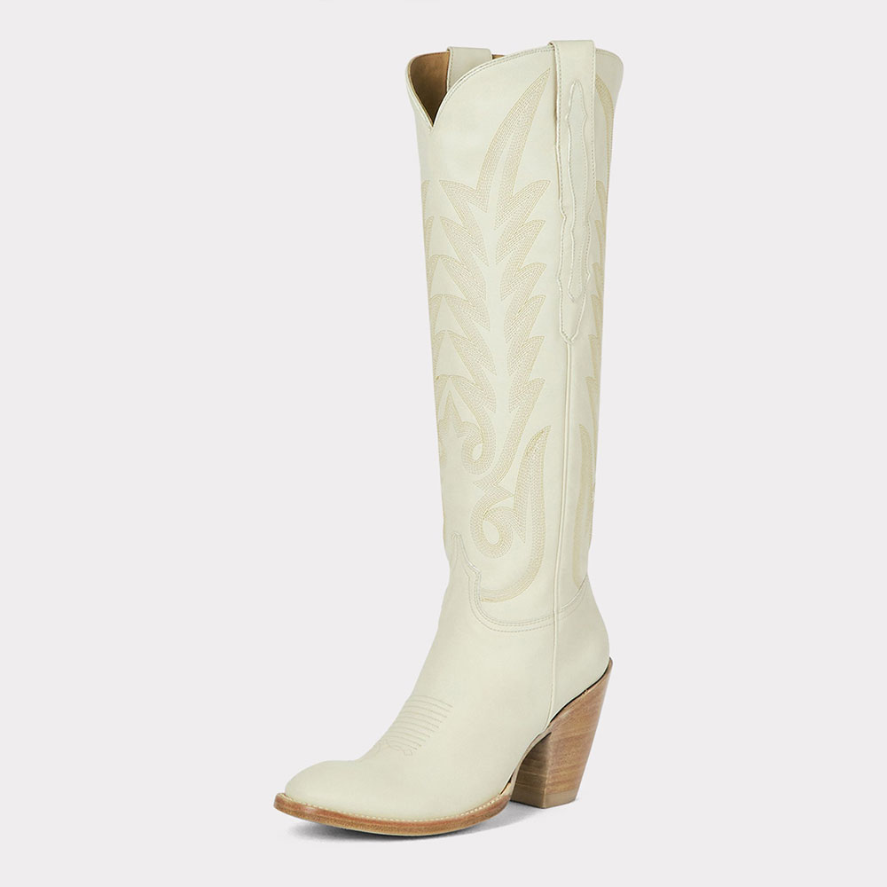 Ivory Block Heel Snip Toe Knee-High Embroidered Cowboy Boots for Women Nicepairs