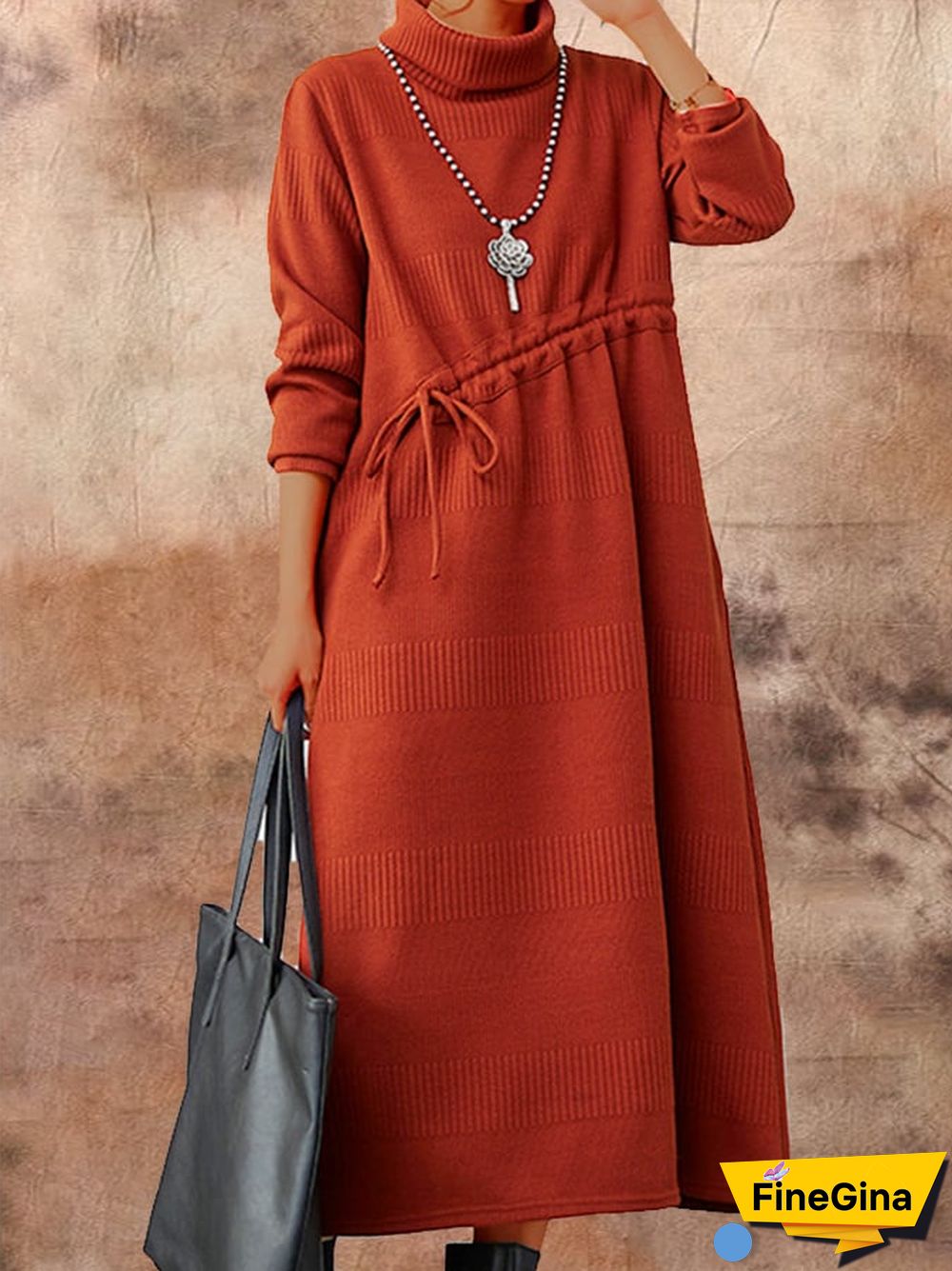 Women's Fall Winter Fashion Knit Layering Drawstring Tie-Waisted Jacquard Dresses