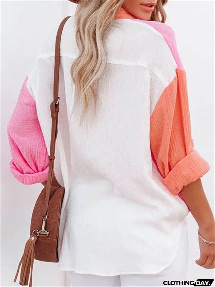 Women Lapel Buttons Long Sleeve Blouses With Pocket