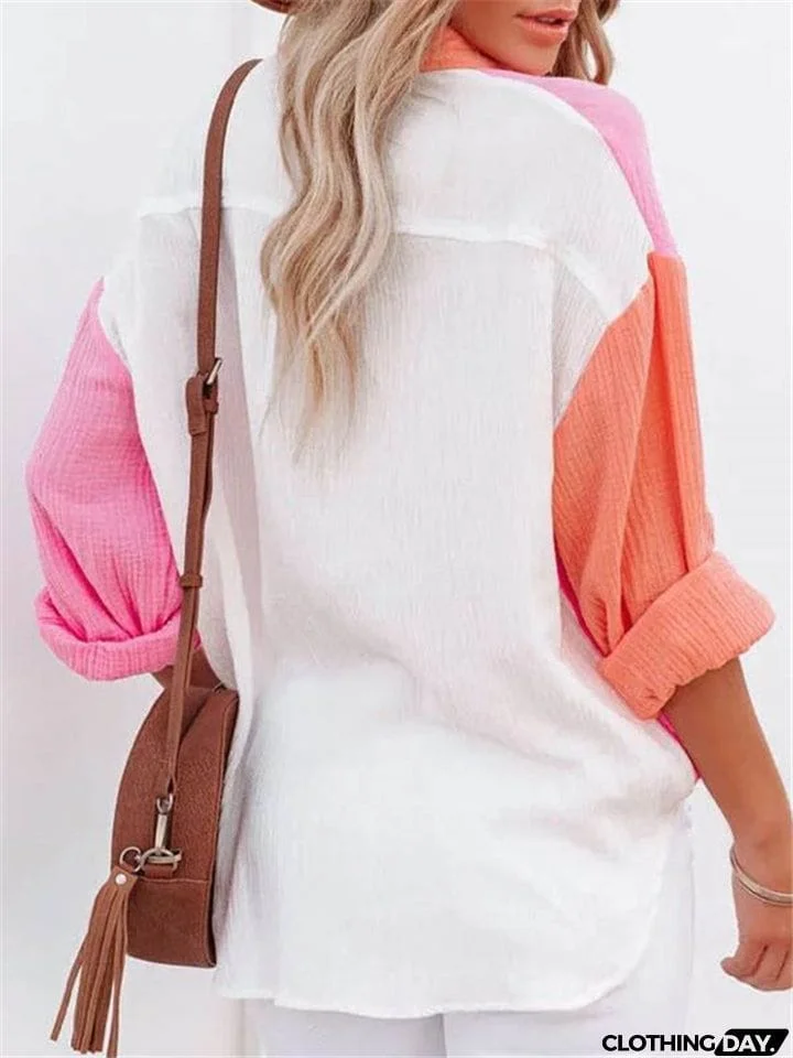 Women Lapel Buttons Long Sleeve Blouses With Pocket