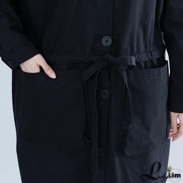Black Casual Trench For Women Bandage Coats Hooded Button Pockets Loose Women Cloths