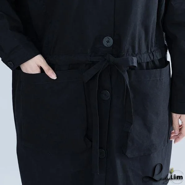 Black Casual Trench For Women Bandage Coats Hooded Button Pockets Loose Women Cloths