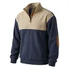 Men's Corduroy Sweatshirt Color Block Stand Collar Quarter Button Pullover with Elbow Patches by Inlyline
