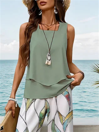 Women's Sleeveless Square Collar Graphic Printed Casual Set