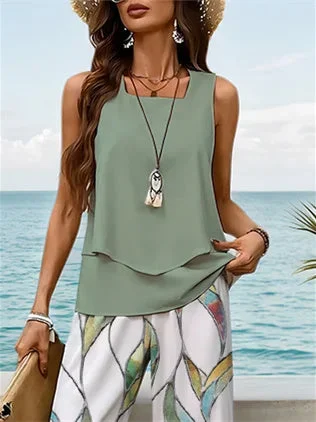 Women's Sleeveless Square Collar Graphic Printed Casual Set