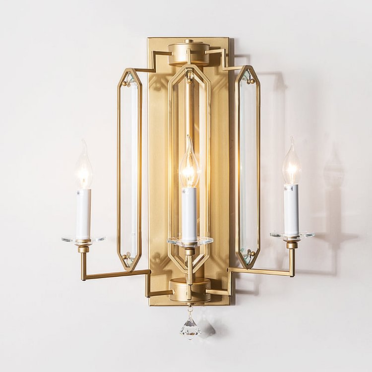 Metal Candelabra Wall Mounted Lamp Countryside 3 Heads Dining Room Sconce Light Fixture in Gold with Crystal Accent