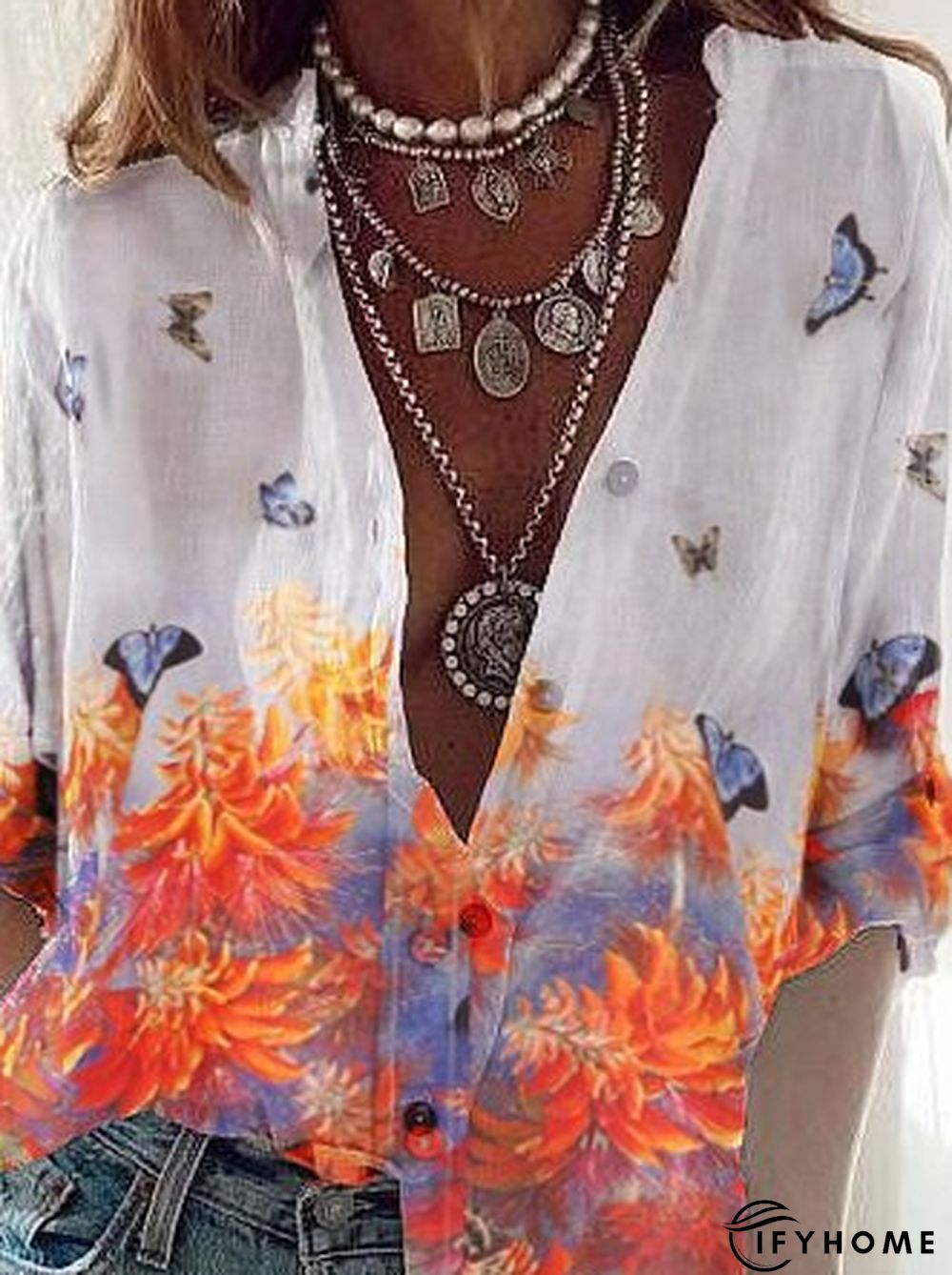 Butterfly Long Sleeve V Neck Blouse | IFYHOME