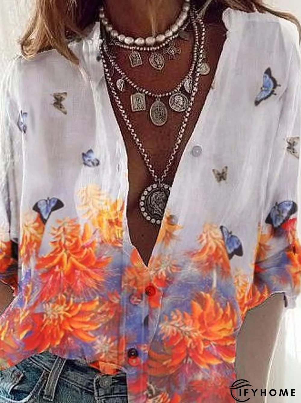 Butterfly Long Sleeve V Neck Blouse | IFYHOME