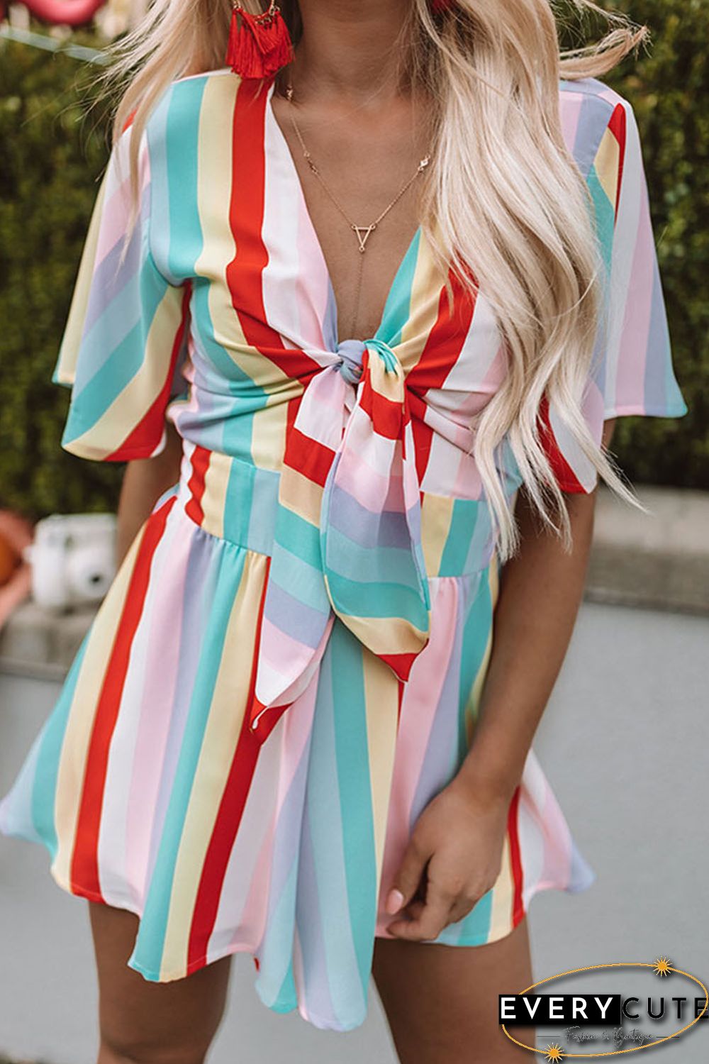 Multicolor Stripe Print Tie V Neck Flowy Romper