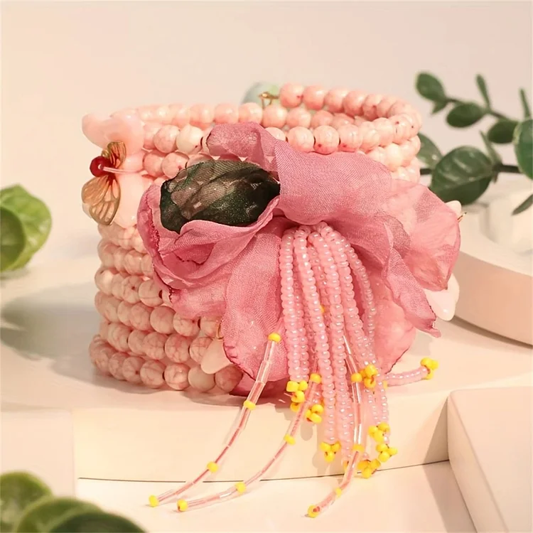 Bohemian Pink Floral & Butterfly Charms Beaded Multi-layered Stackable Bracelet