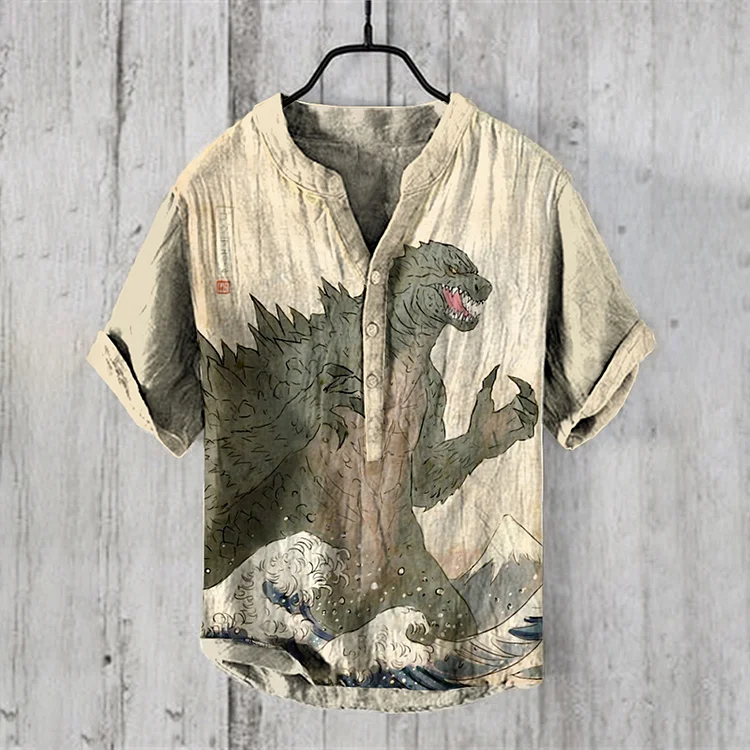 Vintage Japanese Roaring Godzilla Art Linen Blend Shirt