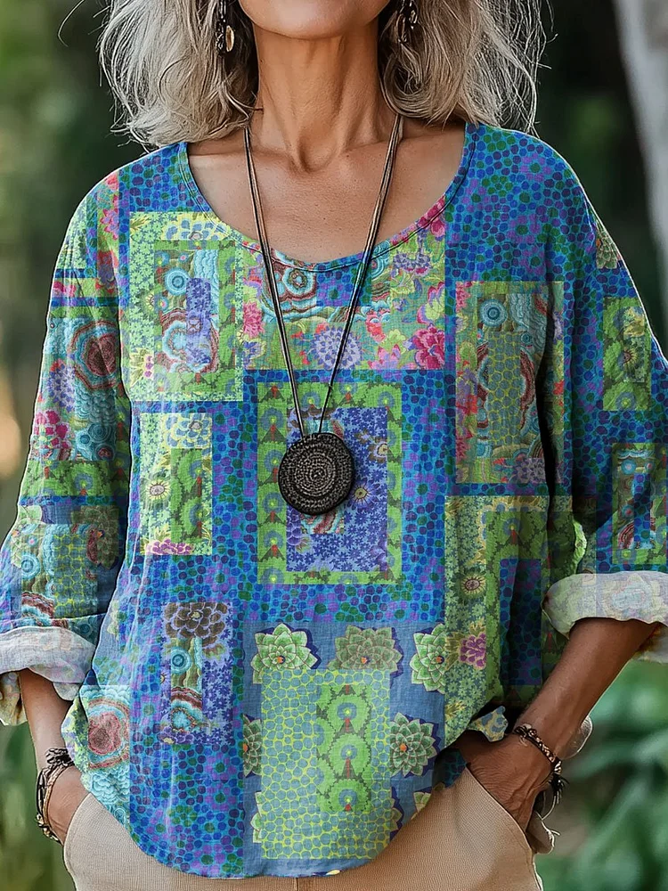 Women's Retro Pattern Art Print Casual Cotton And Linen Shirt