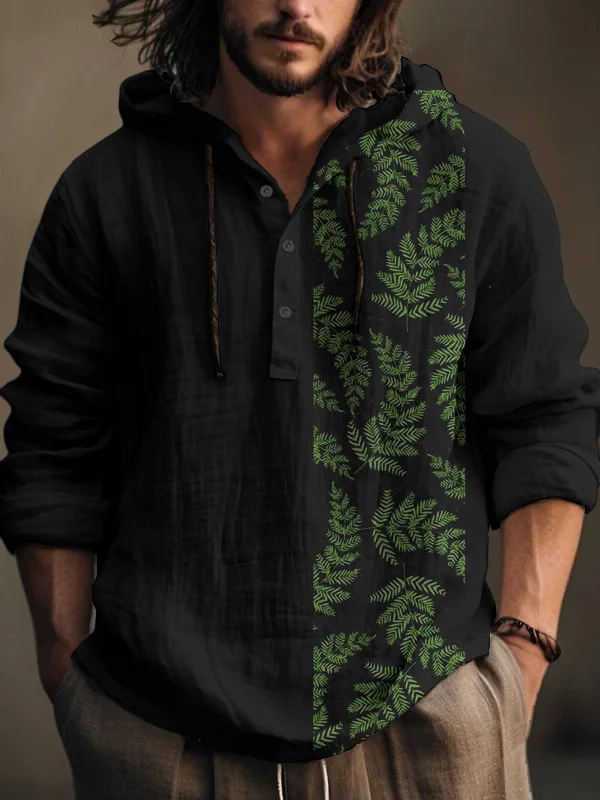 Men's Leaf Botanical Art Print Hooded Shirt