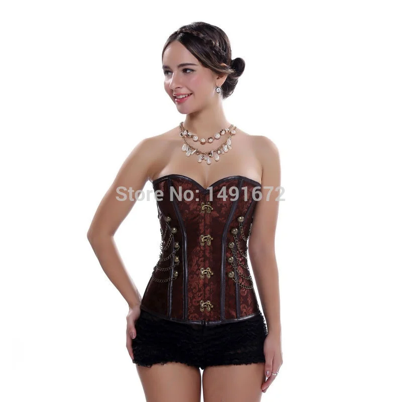 Billionm Sapubonva steampunk corsets and bustiers plus size black brown leather corset steel bone spiral tops chain gothic pirate vintage