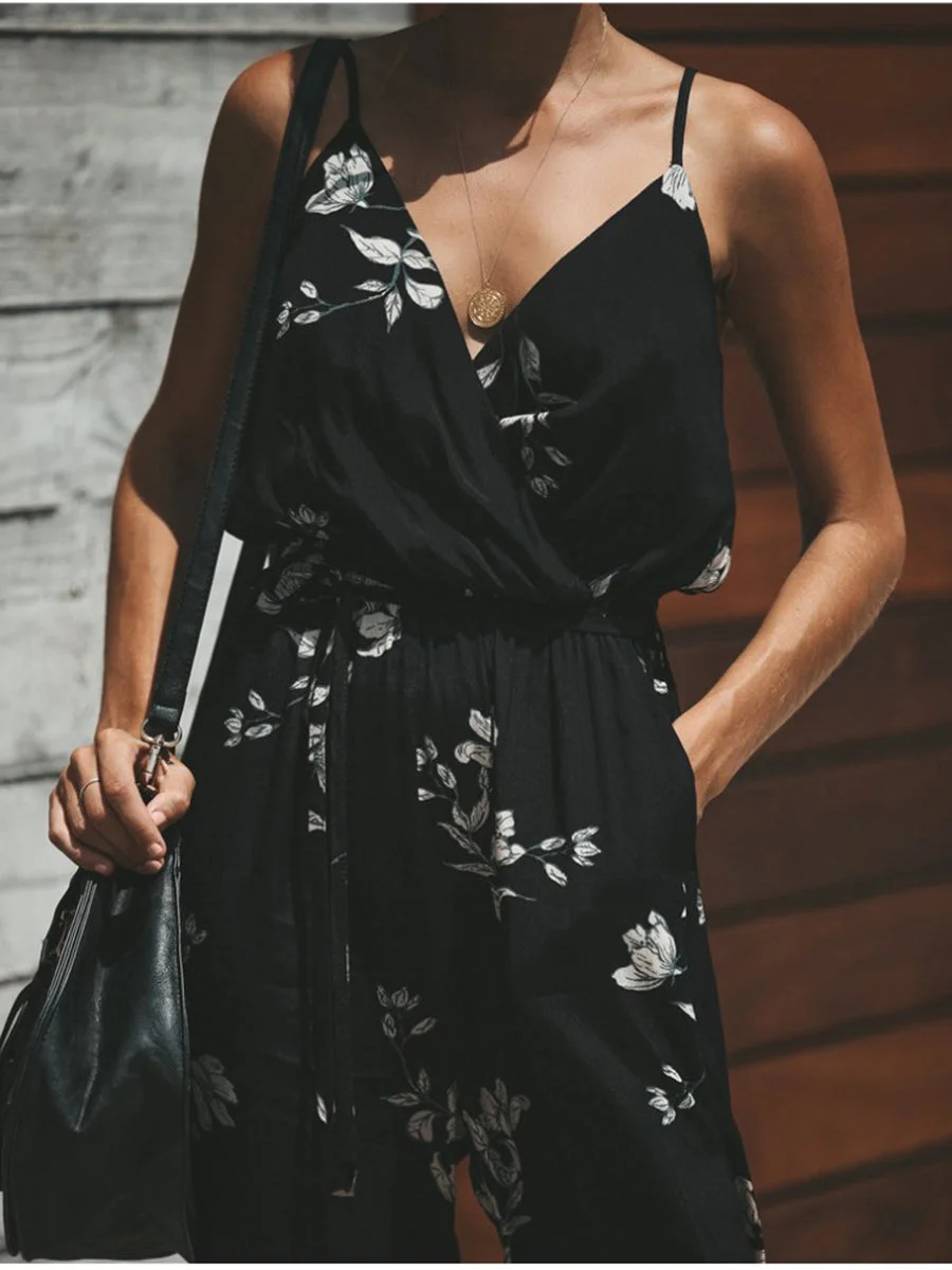 Strap V-Neck Tie Cuff Slimming Jumpsuits