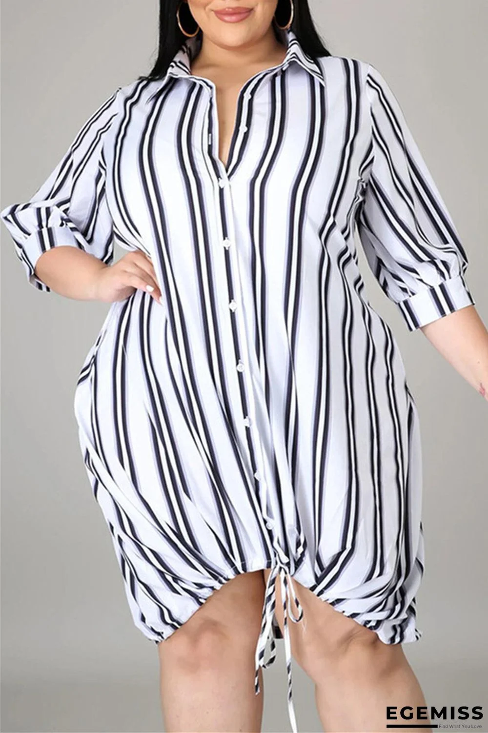 Black Fashion Casual Plus Size Striped Print Basic Turndown Collar Shirt Dress | EGEMISS