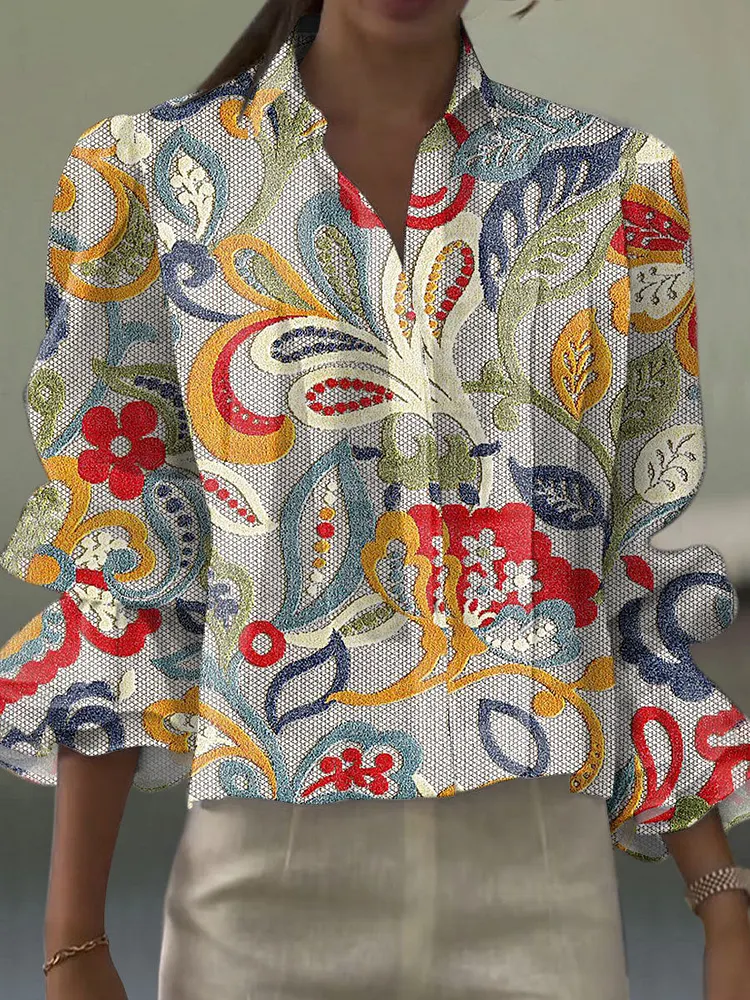 Women's  Vintage Flower Art Print Casual  Cotton And Linen Shirt