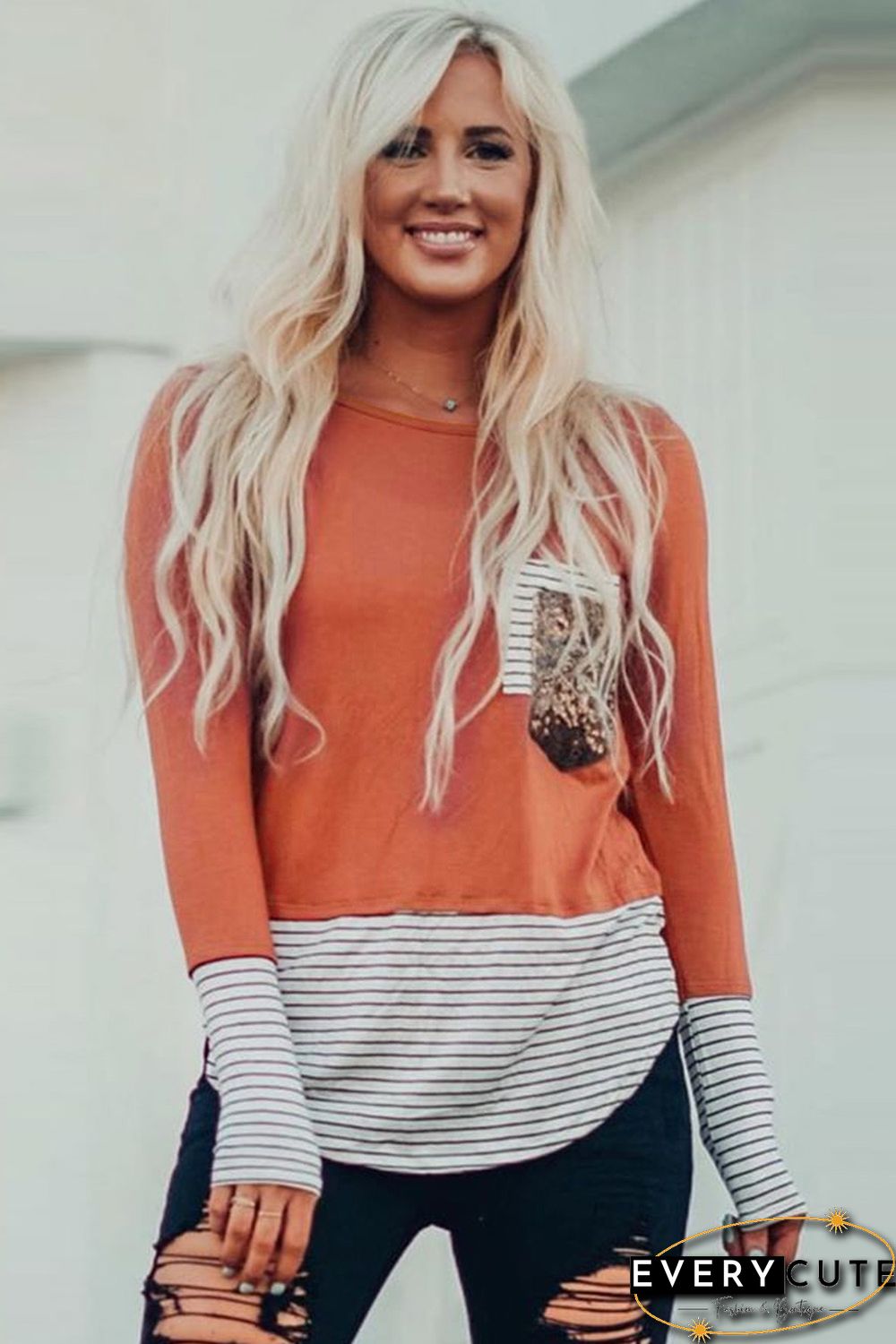 Pink Stripe Pocket Sequins Splicing Long Sleeve O-neck Top