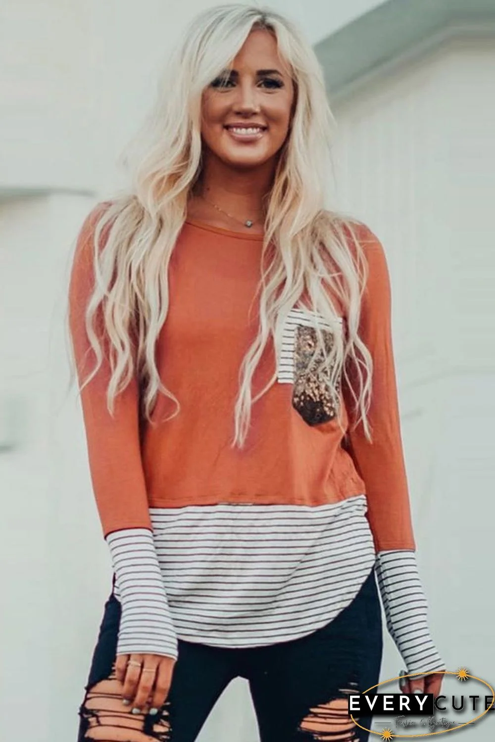 Pink Stripe Pocket Sequins Splicing Long Sleeve O-neck Top