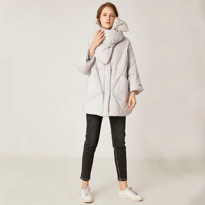 FTLZZ Winter Loose Down Jacket Women 90% White Duck Down Coat Round Neck Loose Thick  Parkas Female Warm Snow Outwear Up Scarf