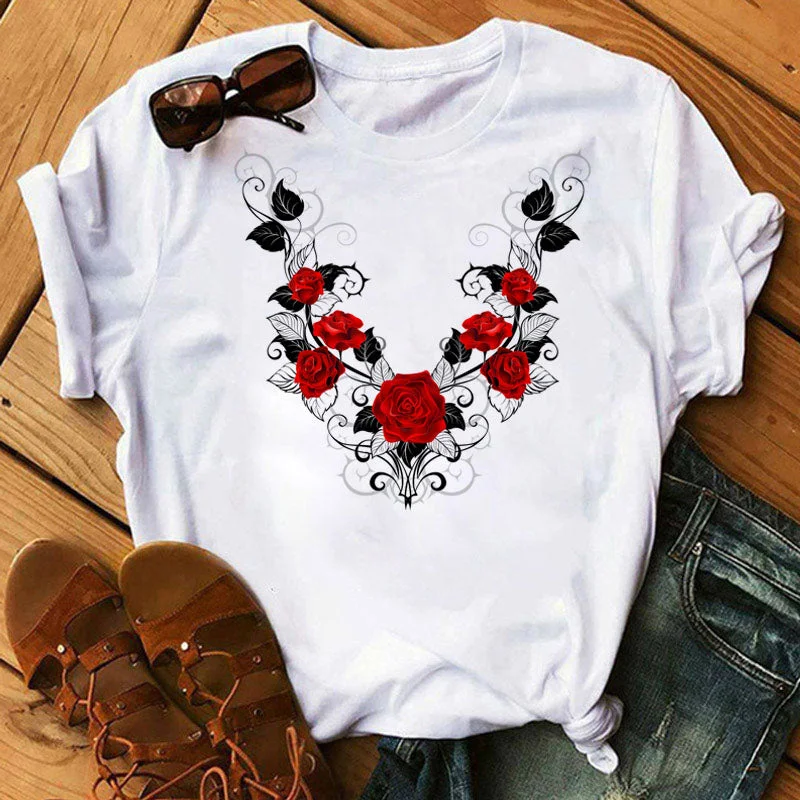 New Fashion Women Black T Shirt Red Rose Musical Note Printed T Shirt Harajuku Cute Graphic Tee Shirt Female Ladies Casual Tops