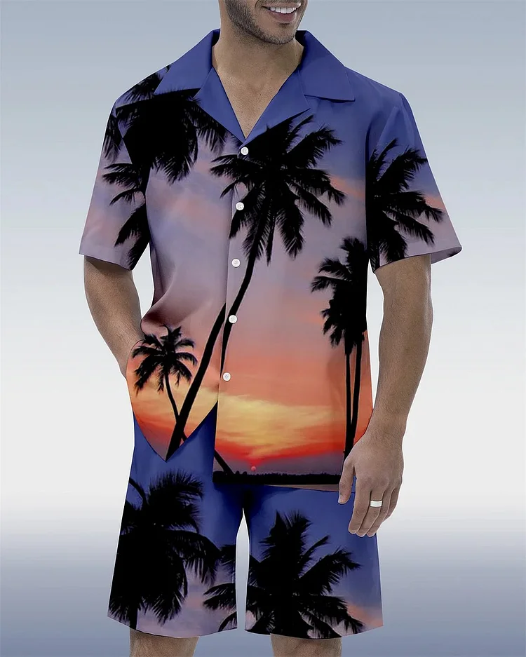 Men's Casual Vacation Hawaiian Coconut Tree Sunrise Print Cuban Collar Short Sleeve Shirt Set at Hiphopee