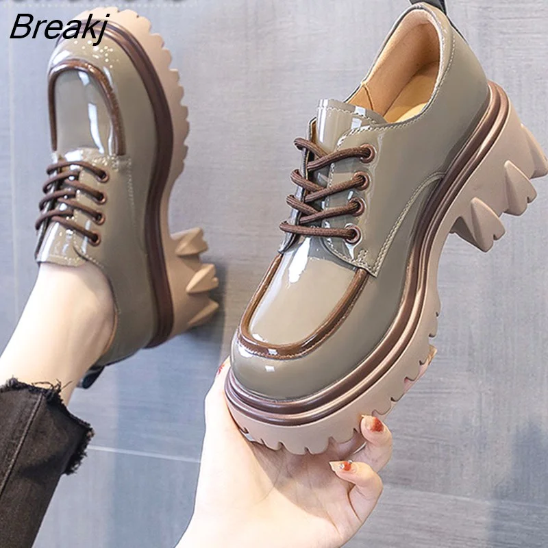 Breakj Style Chunky Platform Pumps Casual Women's 2023 Autumn Lace Up Thick Heels Loafers Woman Round Toe Patent Leather Shoes 1109-0