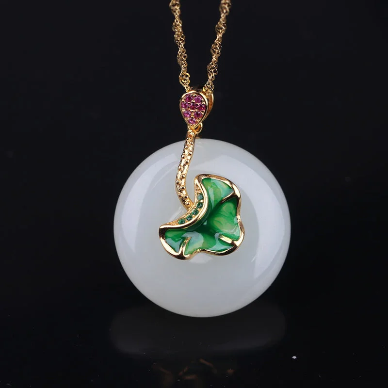 925 Sterling Silver White Jade Lotus Flower Leaf Protection Necklace Pendant