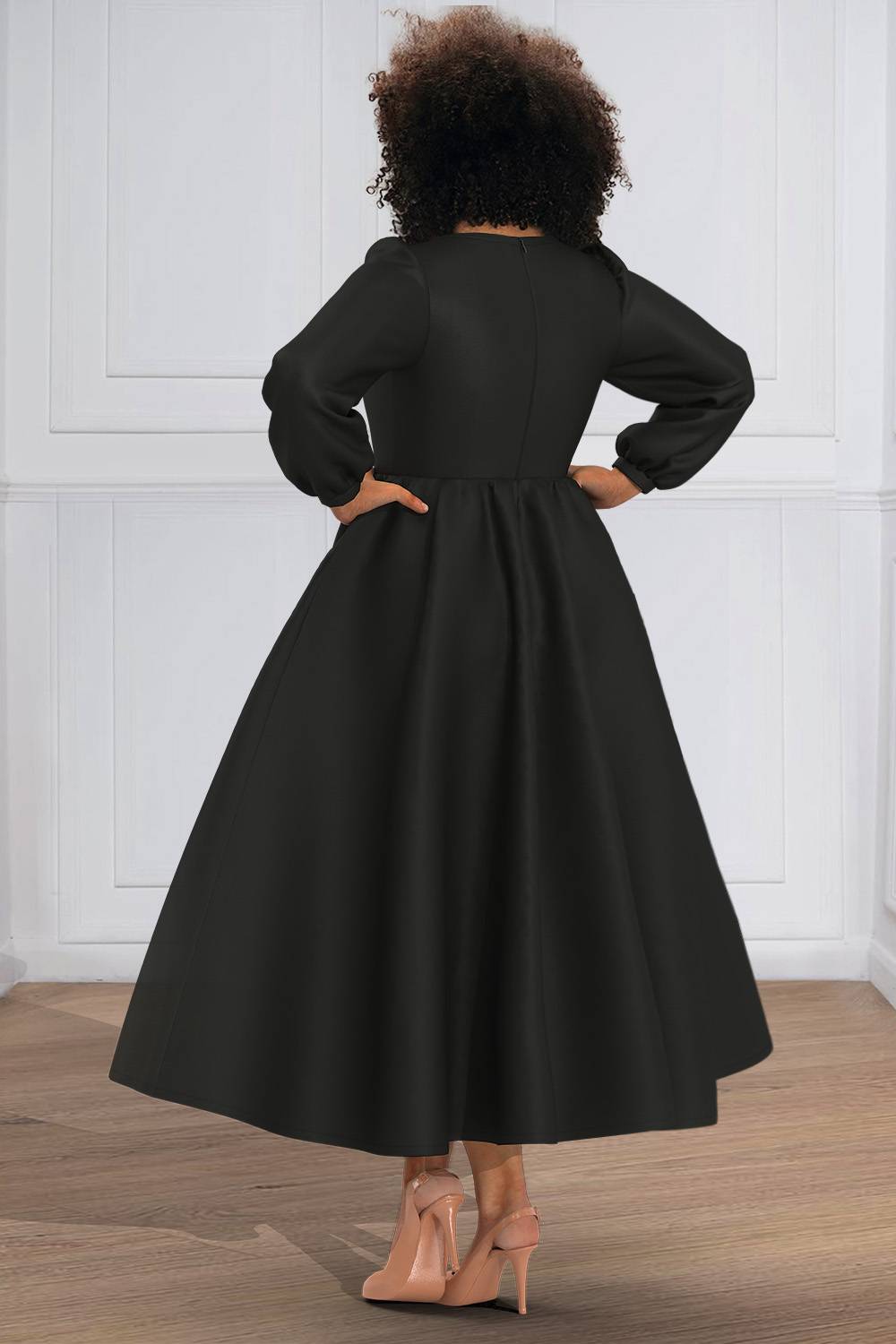 Plus Size Church Midi Dresses Elegant Black Fall Winter Crew Neck Long Sleeve Bow Tie Knitted Midi Dresses
