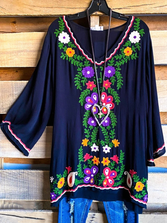 Casual Embroidered Floral  Shirts & Tops