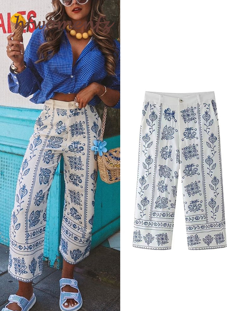 Embroidery Print Linen Pants Women 2024 Summer High Waist Wide Leg Baggy Zipper Ankle Trousers Casual Beach Lady Streetwear  